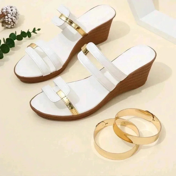 Women Metallic Detail Wedge Slide Sandals, Fashion Summer Sandals - Picture 3 of 6